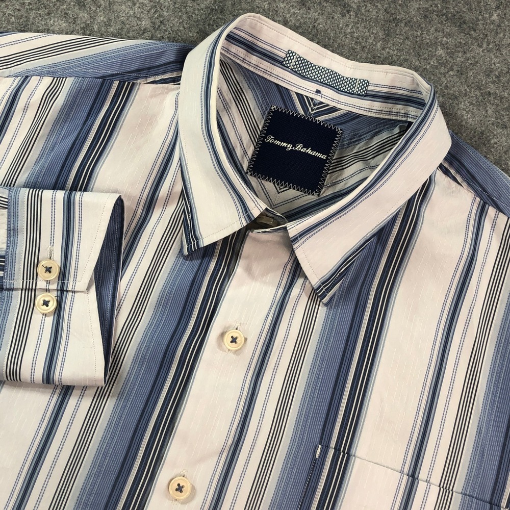 Tommy Bahama Mens Shirt Large Blue Striped Long Sleeve Cotton Silk Blend